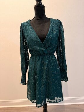 Deep Teal V-Neck Long Sleeve Textured Dress